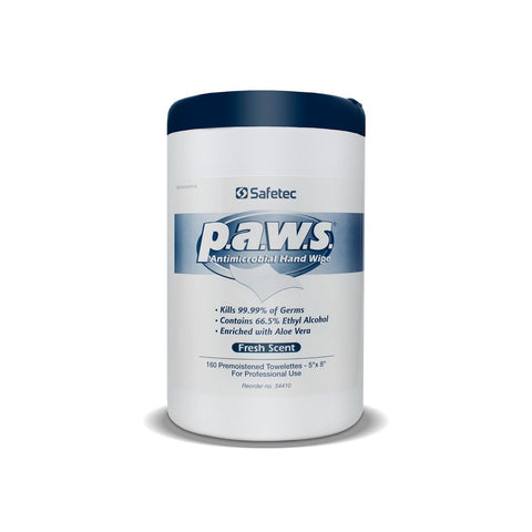 Safetec PAWS Antimicrobial Hand Wipes, 160ct Tub