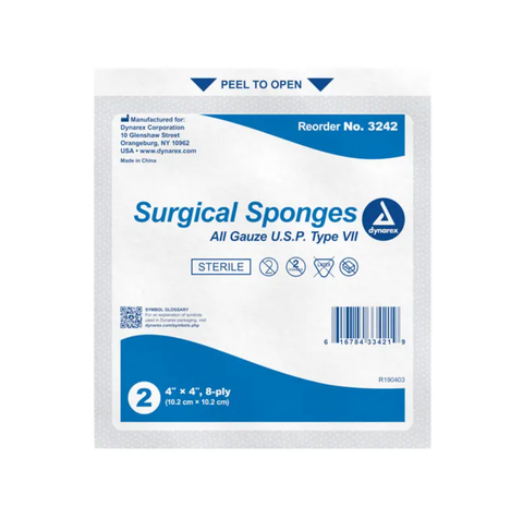 Dynarex® Gauze Surgical Sponge, 4" x 4", 8 ply, Non-Sterile (BX/200)